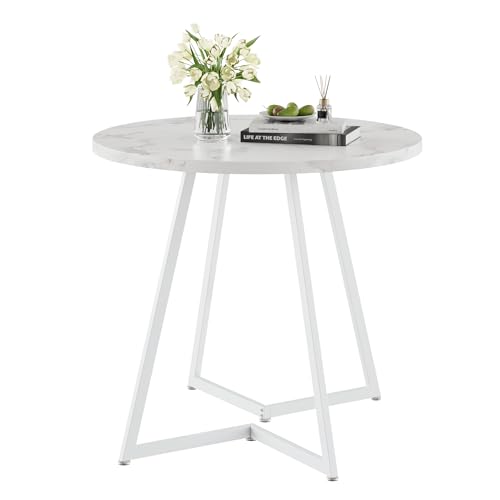 VECELO Round Dining Room Table with Wood Grain Tabletop and Steel Frame, for Kitchen, Living Room, Office, Conference, 2 to 4 Person, Fuax Marbled & White VECELO