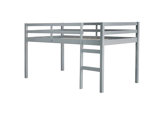 PVWIIK Twin Low Loft Bed with with Guardrail and Ladder for Girls,Boys - Rubberwood Frame,Grey PVWIIK
