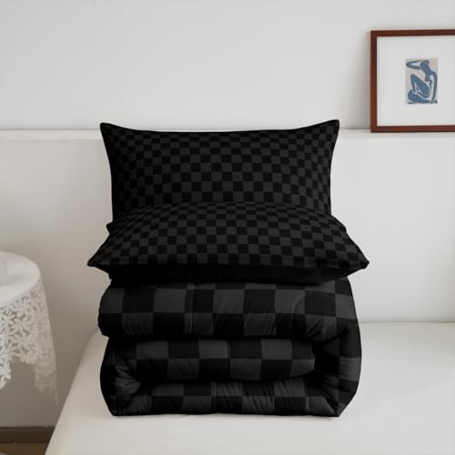 Manfei Black and Gray Checkered Kids Comforter Set,Geometric Plaids Grids Simple Bedding Set All Season,Abstract Checkerboard Buffalo Squares Comforter 2 Pcs with 1 Pillowcase,Twin Size Manfei