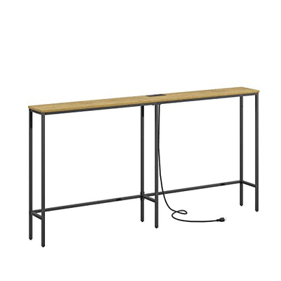SONGXIN 63 Inch Console Table with Power Outlet,Modern Narrow Long Sofa Table Behind Couch,Skinny Entry Table with Black Metal Frame for Entryway,Living Room, Hallway,3D Oak