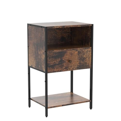 LDTTCUK Nightstand with Charging Station, Modern End Table with Drawer, Bedside Table with Open Storage for Bedroom,Rustic Brown LDTTCUK