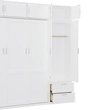 Merax Murphy Bed Queen with Wardrobe and Top Cabinet, Murphy Bed Cabinet Queen with 2 Drawers and Storage Shelves, No Box Spring Needed, White Merax