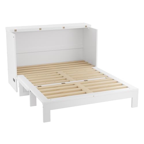 PVWIIK Full Murphy Bed with Storage Drawer & Charging Station for Home Office, Studio or Guest Room,Full Size Bed Frame Murphy Bed with USB Port,Space Saving Design, White PVWIIK