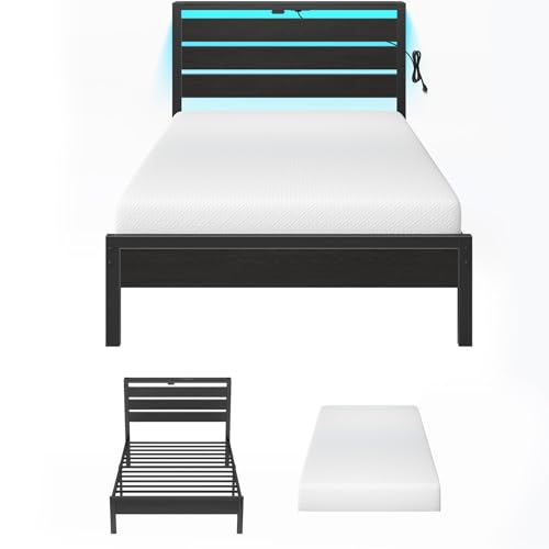 Rolanstar Twin Bed Frame with 6 Inch Gel Memory Foam Mattress, LED Metal Platform Bed with USB Charging & Storage Headboard, Black, CertiPUR-US Certified Mattress Rolanstar