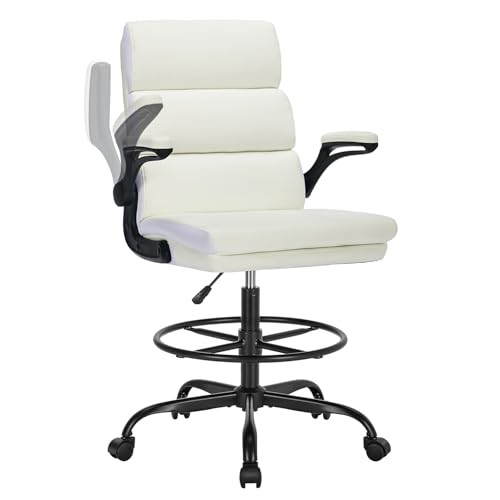 Drafting Chair Tall Office Chair with Padded Flip-up Armrests Executive Ergonomic Computer Standing Desk Chair with Comfortable Leather Backrest and Adjustable Footrest Ring (White) amseatec
