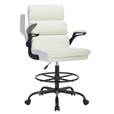 Drafting Chair Tall Office Chair with Padded Flip-up Armrests Executive Ergonomic Computer Standing Desk Chair with Comfortable Leather Backrest and Adjustable Footrest Ring (White) amseatec