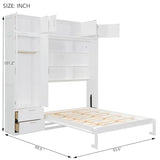 Merax Queen Size Murphy Bed with Top Cabinet, Shelves and Wardrobe, Fold into The Wall, Space-Saving Design, Multifunctional Foldable Platform Bed Frame for Bedroom, Guest Room, Home Office, White Merax