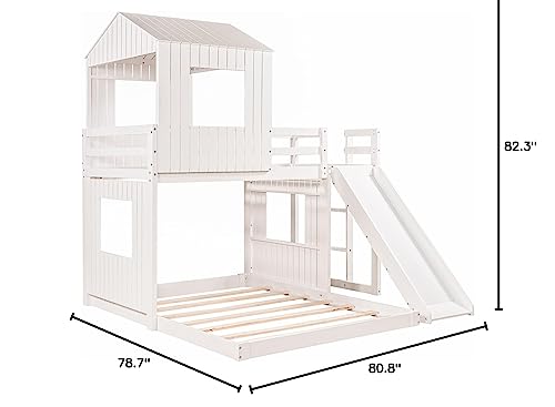 Merax White Twin over Full Bunk Bed with Slide, Safety Guardrails and House Design for Kids - WoodArtSupply