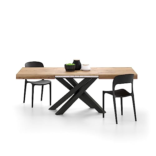 Mobili Fiver, Emma 140 Extendable Dining Table, Rustic Oak with Black Crossed Legs, Laminate-Finished/Iron, Made in Italy Mobili Fiver