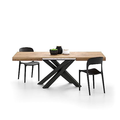 Mobili Fiver, Emma 140 Extendable Dining Table, Rustic Oak with Black Crossed Legs, Laminate-Finished/Iron, Made in Italy - WoodArtSupply