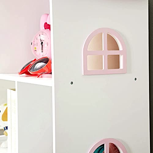 WODENY Pink Wooden Dollhouse Bookcase - 3-Tier Storage Organizer for Kids' Toys and Books WODENY