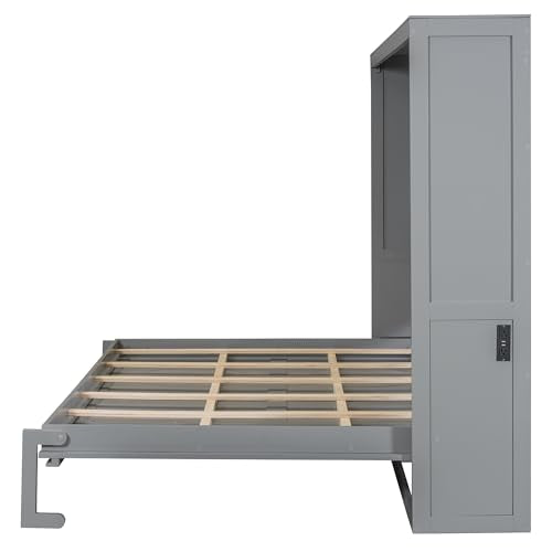 Harper & Bright Designs Queen Size Murphy Bed Cabinet Wall Bed Chest, Solid Wood Queen Platform Bed Frame, Space-Saving for Multipurpose Guest Room Bedroom or Home Office, Gray Harper & Bright Designs
