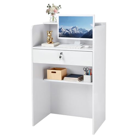 VEVOR Reception Desk, 23.6 inch Rectangular Front Counter Table, Modern Office Reception Desk with Drawer, Small Minimalist Retail Counter Table for Checkout, Lobby, Beauty Salon and Office, White VEVOR