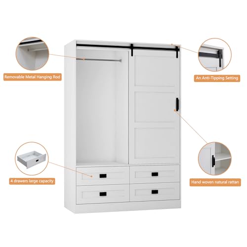 EMKK Tall Armoire Wardrobe Closet Clothing Cabinet with Hanging Rod Barn Door Drawers Open Shelves for Bedroom Freestanding Ar moires Storage OrganizerCabinet, 70.86" H, White EMKK