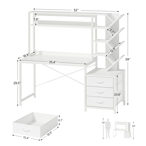 YOMILUVE Reversible Computer Desk with Hutch, Home Office Desk with Drawers and Bookshelf, 52'' Study Writing Desk with Storage Shelves for Bedroom Home Office, White YOMILUVE