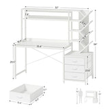YOMILUVE Reversible Computer Desk with Hutch, Home Office Desk with Drawers and Bookshelf, 52'' Study Writing Desk with Storage Shelves for Bedroom Home Office, White YOMILUVE