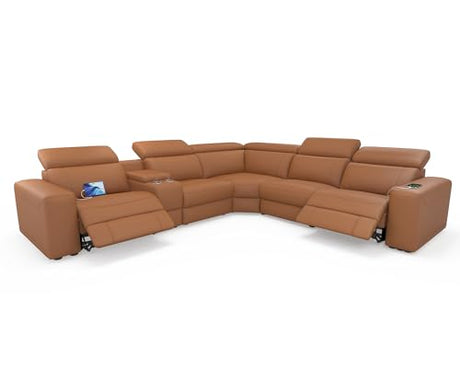 AMERLIFE Power Recliner Sectional Sofa with Storage/USB Port, Leather Recliner Sofa with Adjustable Headrest, Reclining Sectional Couches with Console and Cup Holder for Living Room (Brown, 5-Seater) AMERLIFE