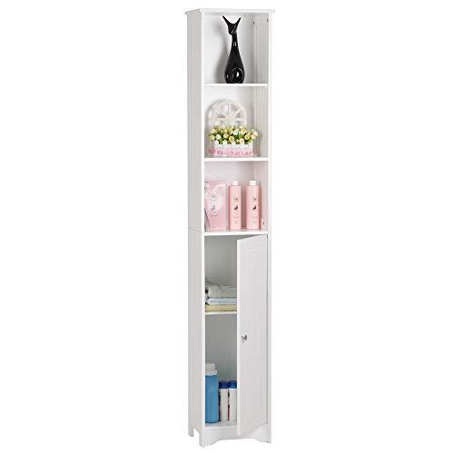 Bonnlo Narrow Cabinet, 67" Tall Slim Bathroom Storage Cabinet 12" Wide White Skinny Linen Cabinet with 3 Open Shelves Single Door Adjustable Shelf Space Saving Corner Pantry Bonnlo