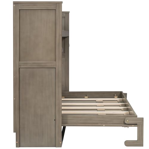GDFStudio Twin XL Murphy Bed Frame with Desk, LED Lights & USB Charging Station, Space-Saving Wall Bed with Built-in Mattress Storage, 500 lbs Capacity, Solid Pine Wood Frame, Gray Wash GDFStudio