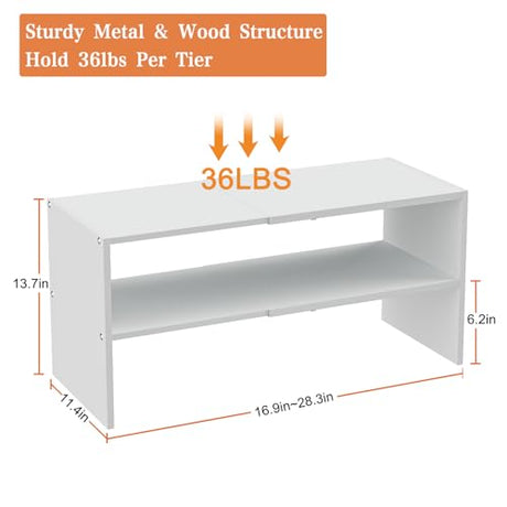 2-Tier Small Shoe Rack Organizer for Closet, White Expandable Shoe Shelf, Stackable Iron Wood Combination Shoe Racks Shelves for Closets, Entryway,Small Space,Hallway,Garage,6-12 Pairs,Patent Pending Cidaziya