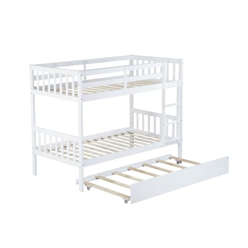 PVWIIK Twin Over Twin Bunk Bed with Trundle and Convertible to Two Beds,Wood Bed Frame w/Safety Guardrail for Dorm,Bedroom,Guest Room,No Box Spring Needed,White PVWIIK