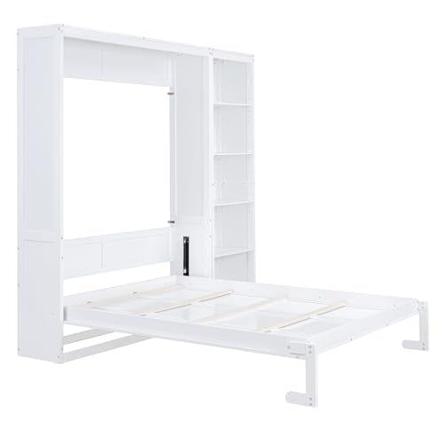 Merax Queen Size Murphy Bed Wall Bed with Storage Shelves, Space-Saving Design Foldable Platform Bed Frame, Fold into The Wall, Multifunctional Bed for Guest-Room, Home, Office, White Merax