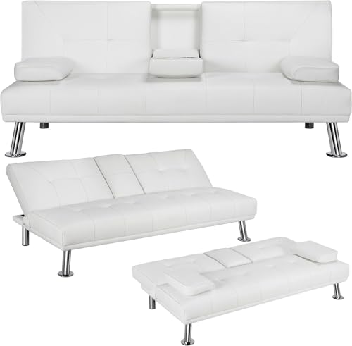 Pu Leather Convertible Futon Sofa Bed,Modern Couch Loveseat Sleeper, 3 in 1 Comfy Folding Recliner Couches Bed for Small Spaces Living Room, Adjustable Backrest, 2 Cupholders for Office (White) Xinmviec