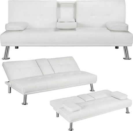 Pu Leather Convertible Futon Sofa Bed,Modern Couch Loveseat Sleeper, 3 in 1 Comfy Folding Recliner Couches Bed for Small Spaces Living Room, Adjustable Backrest, 2 Cupholders for Office (White) Xinmviec