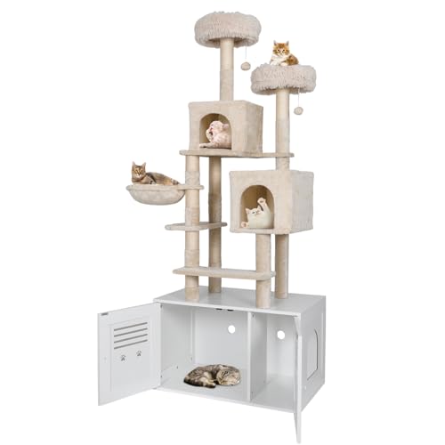 PANTAZO Cat Tree with Litter Box Enclosure 2-in-1 Wooden Cat House Furniture, 76.8 Inch Tall Cat Condo with Hammock, Scratching Posts White