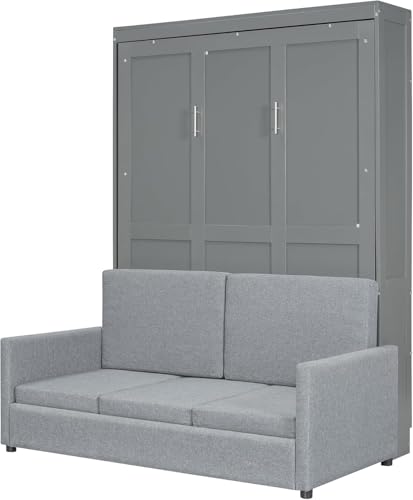Virubi Full Murphy Bed with Couch,Wood Folding Murphy Wall Bed Cabinet with Sofa (Grey,Full) Virubi