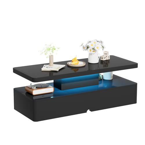 oneinmil Modern Stylish Coffee Table with 16 Colors LED Lights, Double-Layer Design for Living Room, Black - WoodArtSupply