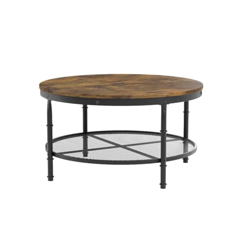 Yaheetech 35.5 Inch Round Coffee Table，Wooden 2 Tier Circle Coffee Table for Living Room, Industrial Coffee Table Set for Small Space, Rustic Brown - WoodArtSupply