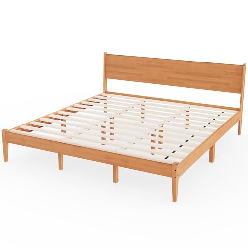 MORDEER King Size Bed Frame and Headboard, Malaysian Oak King Bed Frame with Storage, Modern Platform Bed Frame with Headboard, No Box Spring Needed, Easy Assembly, Rustic Pine MORDEER