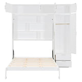 Merax Murphy Bed Queen with Wardrobe and Top Cabinet, Murphy Bed Cabinet Queen with 2 Drawers and Storage Shelves, No Box Spring Needed, White Merax
