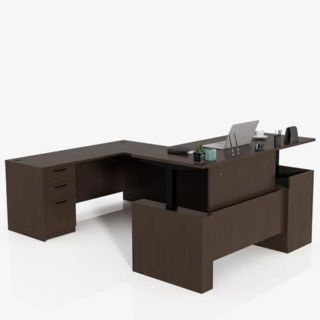 ALFA BUSINESS 100.4'' U Shaped Executive Standing Desk with Pre-Assembled Frame & Lockable Cabinets, Height Adjustable Desk Dual-Motor Sit-Stand Workstation for Corporate & Home Office (Espresso-U) ALFA BUSINESS