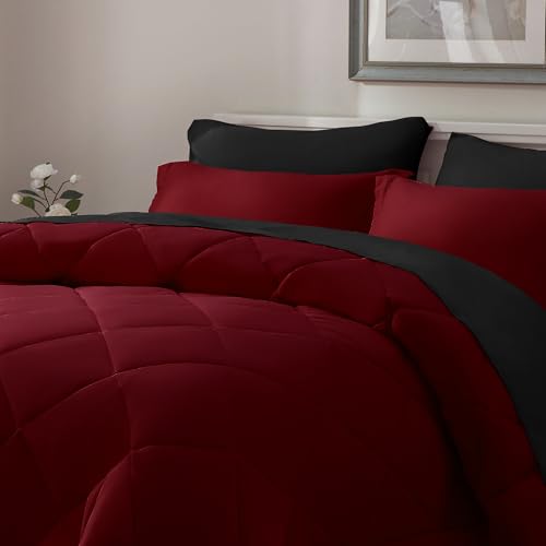 ELNIDO QUEEN® Queen Comforter Set 7 Pieces, Red and Black Bed in a Bag Queen Size, Bed Set All Seasons Bedding Sets with Reversible Comforter, Flat Sheet, Fitted Sheet, Pillowcases and Pillow Shams ELNIDO QUEEN