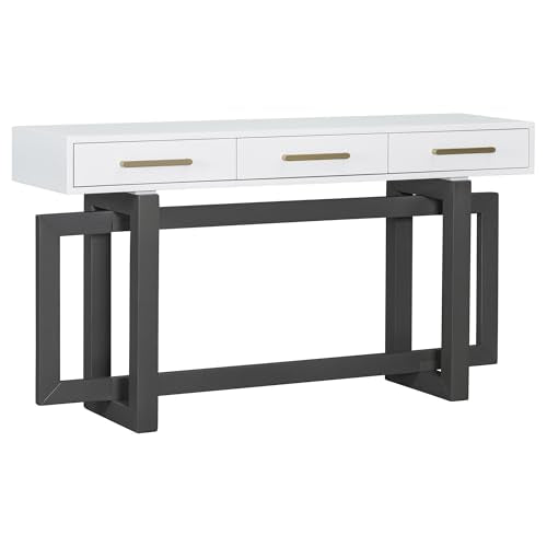 Knocbel Long Console Table with 3 Drawers and Handles, Minimalist Entryway Sofa Tables with Cross Sled Base for Living Room Hallway, 15.7" D x 57" W x 30.6" H Gray and Whitetop Knocbel