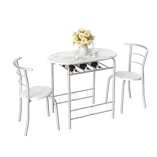 VECELO 3-Piece White & Silver Dining Table Set with Built-in Wine Rack for Small Spaces - WoodArtSupply