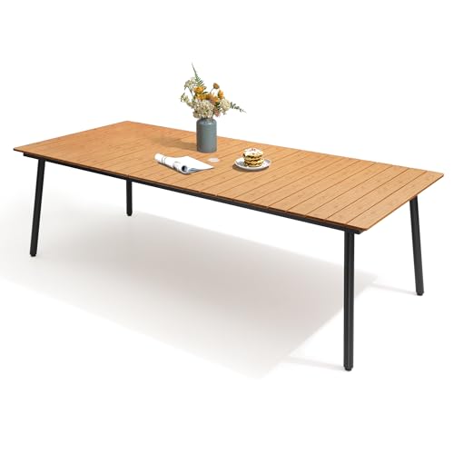 VredHom 95" Patio Outdoor Dining Table for 8-10, Weather-Resistant Wood-Grain Top with Aluminum Frame & Umbrella Hole for Deck Gatherings, Brown VredHom