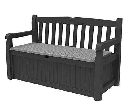 Keter Solana 70 Gallon Storage Bench Deck Box for Patio Furniture, Front Porch Decor and Outdoor Seating – Perfect to Store Garden Tools and Pool Floats, Graphite Keter