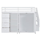Ball & Cast Full Size Loft Bed with Storage Staircase & Safety Guardrail,Sturdy Wood Bedframe W/ 3 Cabinets & 4 Drawers,Built-in Wardrobes,Space Saving,for Boy Girl Kids Small Bedroom Dormitory,White Ball & Cast