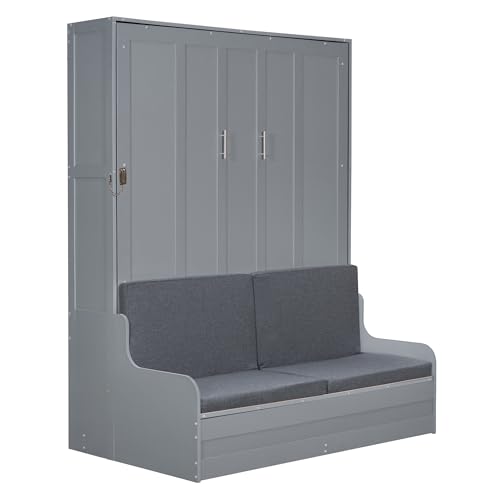 Merax Queen Size Murphy Bed Frame, Modern Wall Bed Can Be Folded into Cabinet, Chair with Cushion, Gray Merax