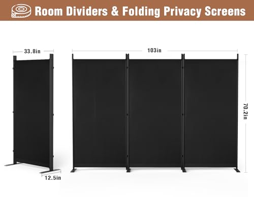 Yettsoy Room Divider 6FT Folding Privacy Partition Screen, 103'' W Freestanding Wall Divider for Room Separation, Portable 3 Panel Room Divider Panel Privacy Screen for Dorm Studio Office, Black Yettsoy