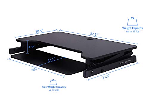 Rocelco 37.5" Deluxe Height Adjustable Standing Desk Converter - Quick Sit Stand Up Dual Monitor Riser - Gas Spring Assist Computer Workstation - Large Retractable Keyboard Tray - Black (R DADRB) Rocelco