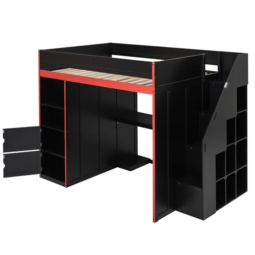 SOFTSEA Full Size Gaming Loft Bed with Desk & Storage Stairs, Solid Wood Loft Bed with LED Lights, Wardrobe and Shelves, Space-Saving Gaming Bed for Kids Teens Adults, Black + Red SOFTSEA