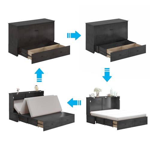 Mjkone Murphy Bed Cabinet, Queen Cabinet Wall Beds with USB Charging Station & Tri-Folding Mattress, Cabinets Beds w Storage Drawers for Guest Bedroom Apartment Home Office, Dark Grey Mjkone