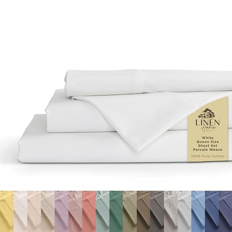 Linen Home 100% Cotton Percale Sheets Queen Size, White, Deep Pocket, 4 Pieces Set - 1 Flat, 1 Deep Pocket Fitted Sheet and 2 Pillowcases, Crisp Cool and Strong Bed Linen Linen Home