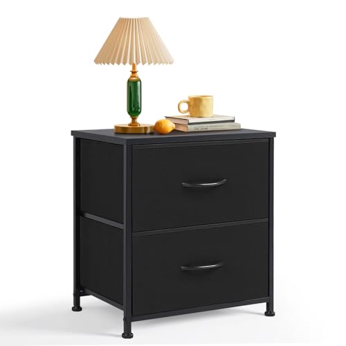 Nightstand, Small 2 Drawer Dresser End Table Bedside Furniture, Wooden Top Fabric Bins for Bedroom, Closet, Entryway, Dorm, 11.8" D x 18" W x 20", Black SageNest
