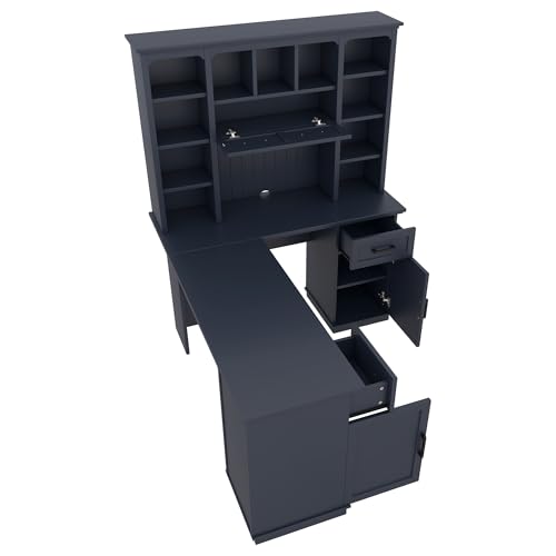Hlcodca L Shaped Computer Desk with Drawers, Bookshelf & Hutch, Modern Corner Home Office Desk, L-Shaped Study Table Writing Corner Gaming Computer Desk with Storage (Antique Blue) Hlcodca