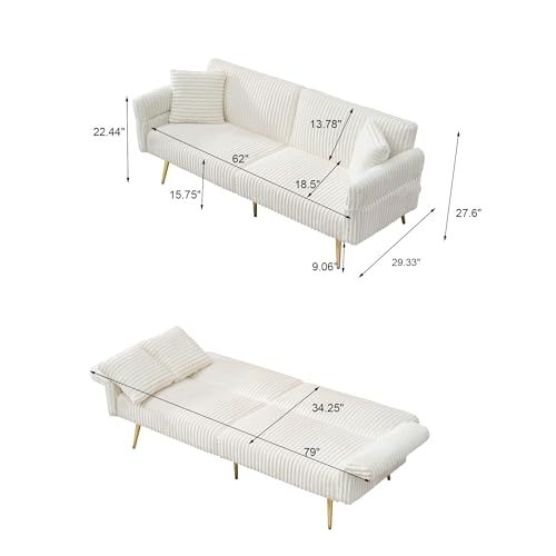 Zentrava White 79" Convertible Futon Sofa Bed with Adjustable Backrest & Armrests, Modern Corduroy Folding Loveseat Sleeper Couches with Two Soft Pillows for Living Room Apartment Office (White) Zentrava